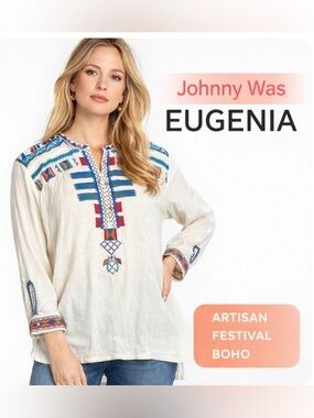 Johnny Was Eugenia Embroidered Tunic Blouse M Ivory Boho Festival Peasant Top